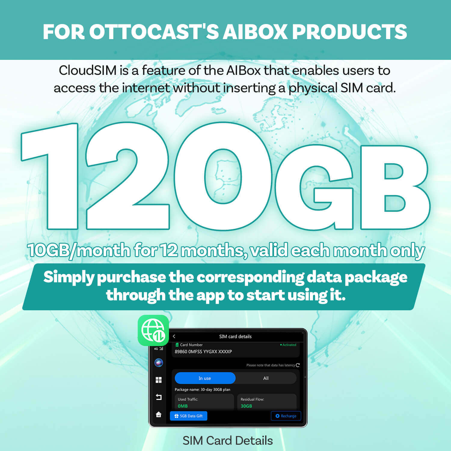 Ottocast CloudSIM - 10 جيجابايت / 30 جيجابايت / 60 جيجابايت / 120 جيجابايت