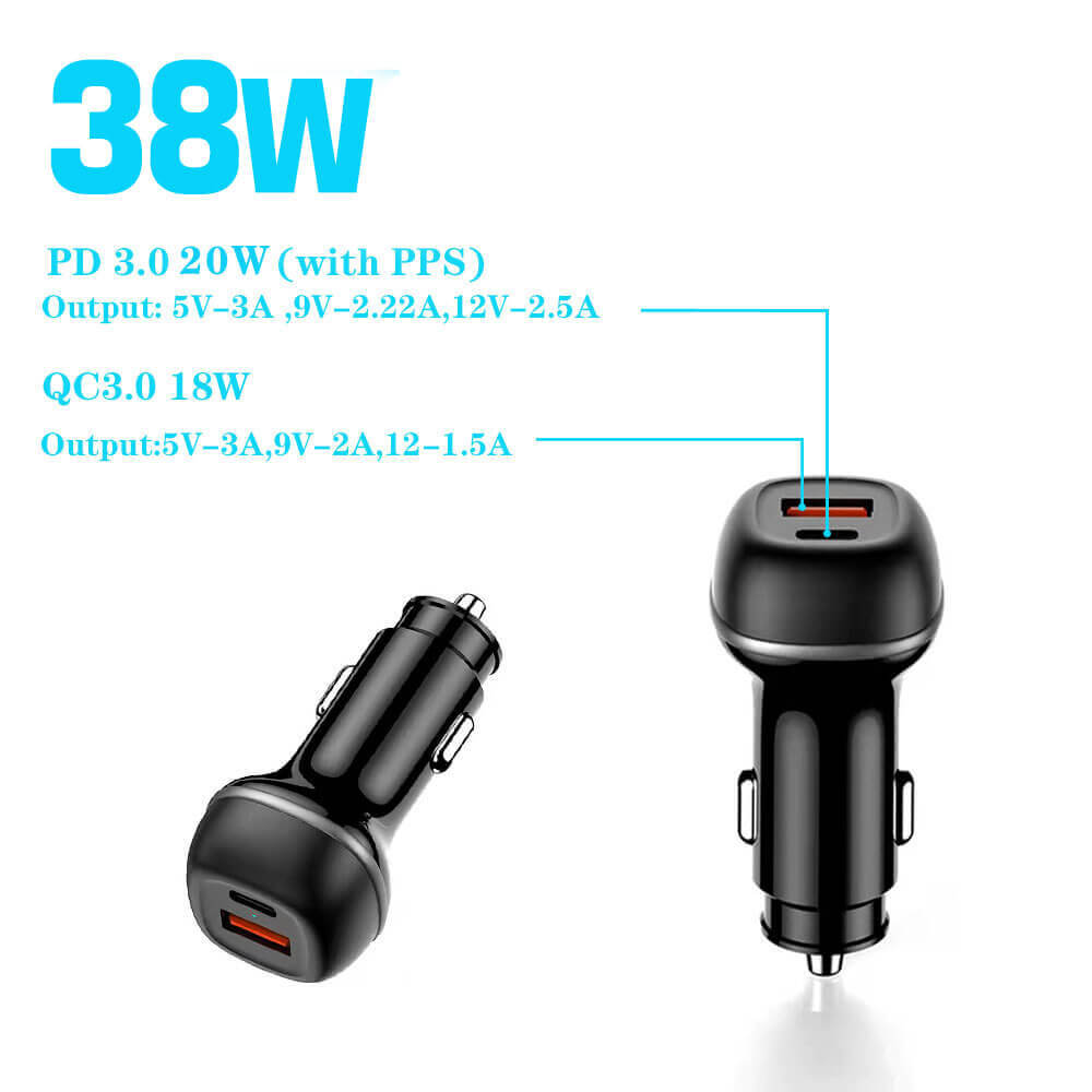 شاحن سيارة سريع بمنفذي USB-C و USB-A