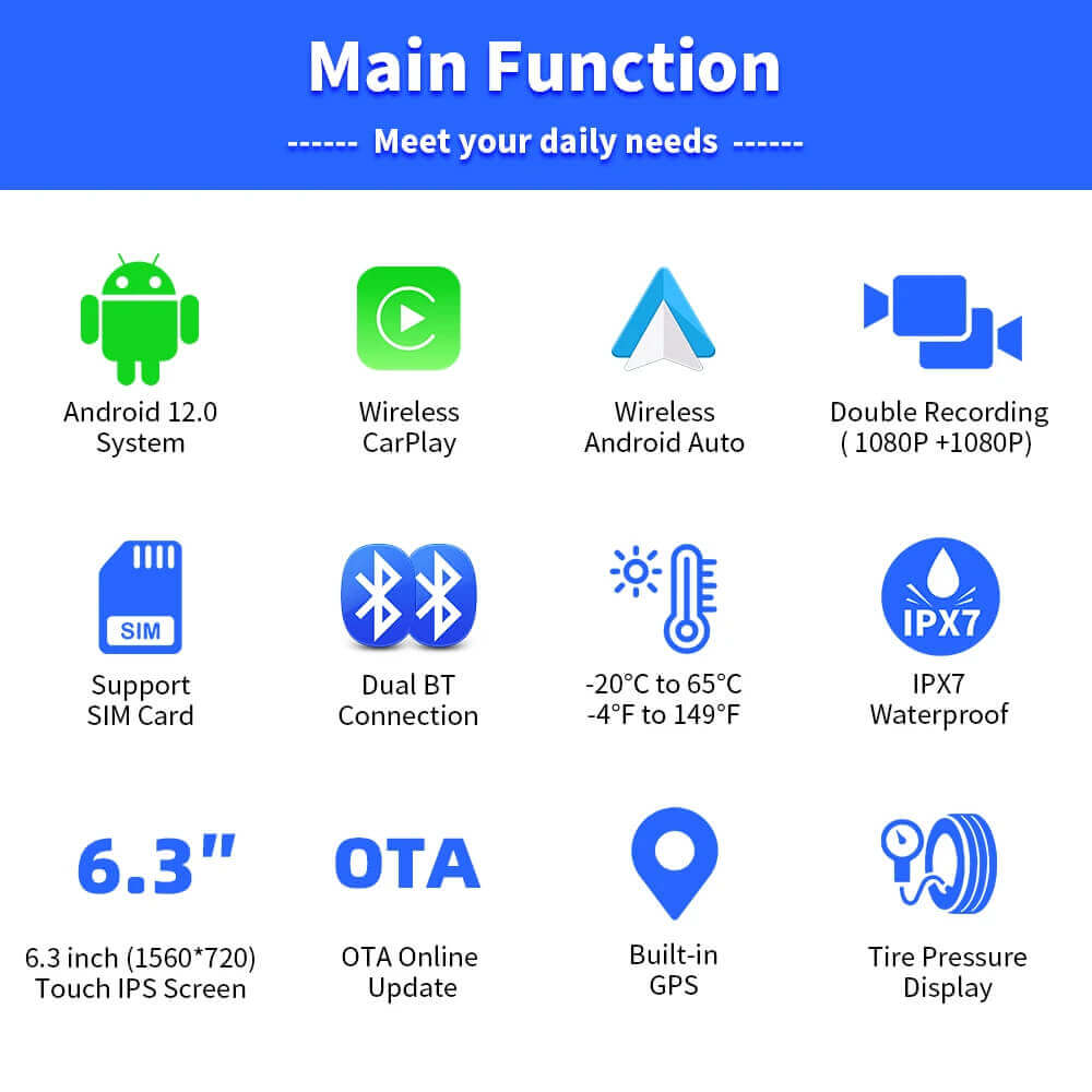 CarPlay Lite C5 Ultra – شاشة دراجة نارية بنظام Android 12 مع GPS وكاميرا DVR